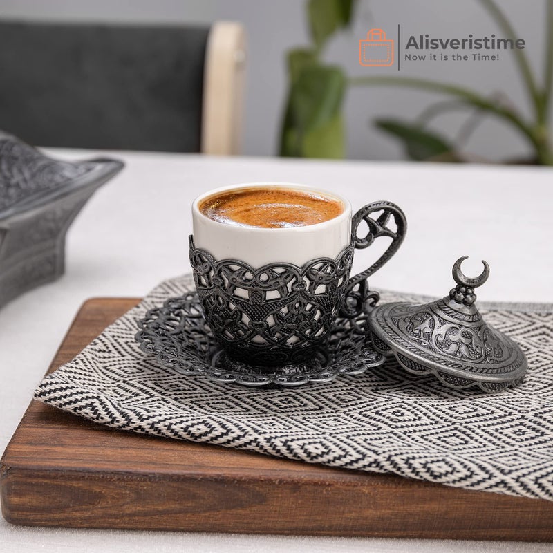 Alisveristime 27 Pc Turkish Greek Arabic Coffee Espresso Cup Saucer Set (Gelincik) (Black) - Image 2